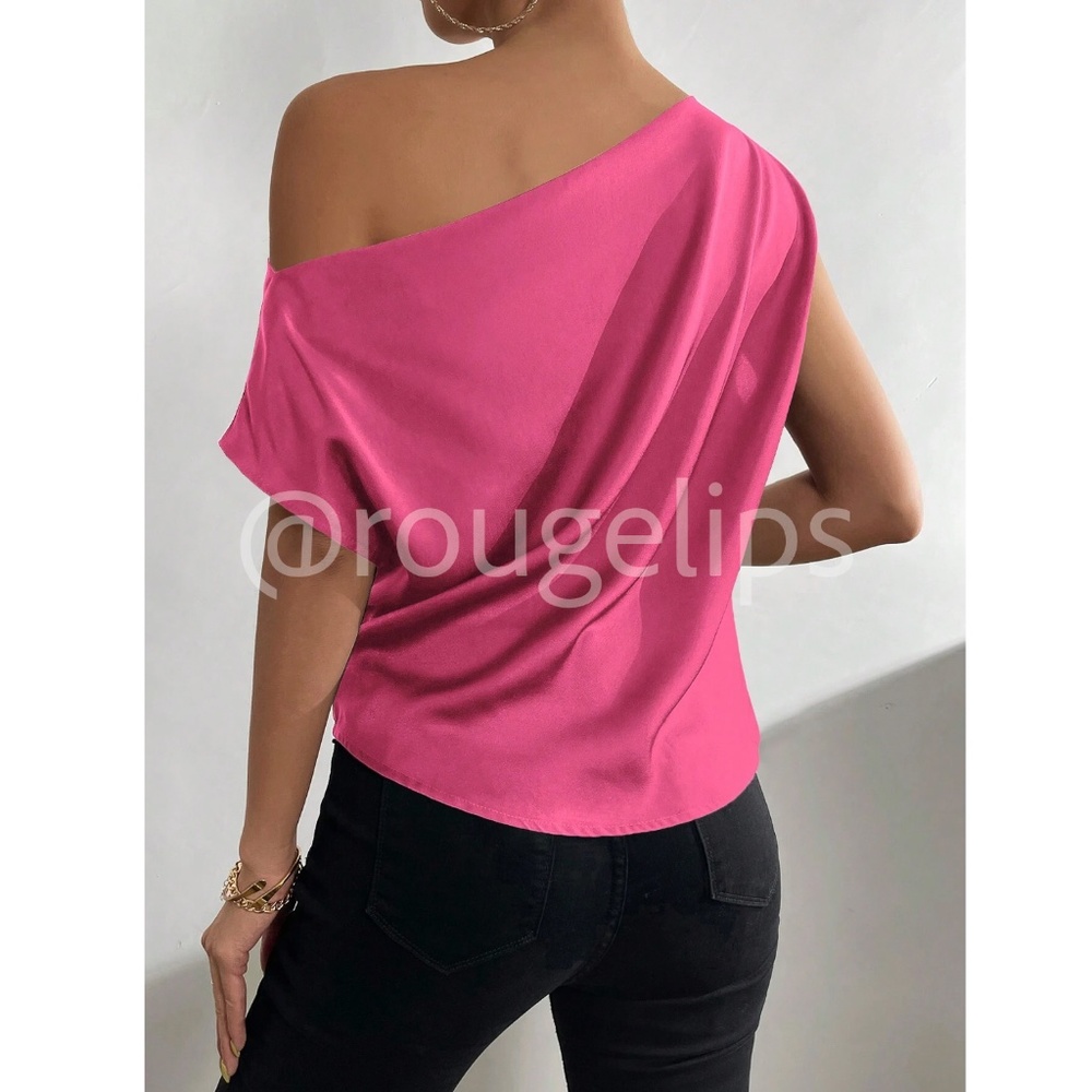 Hot Pink Satin Draped Asymmetrical Blouse Top Off One Shoulder - Picture 3 of 8
